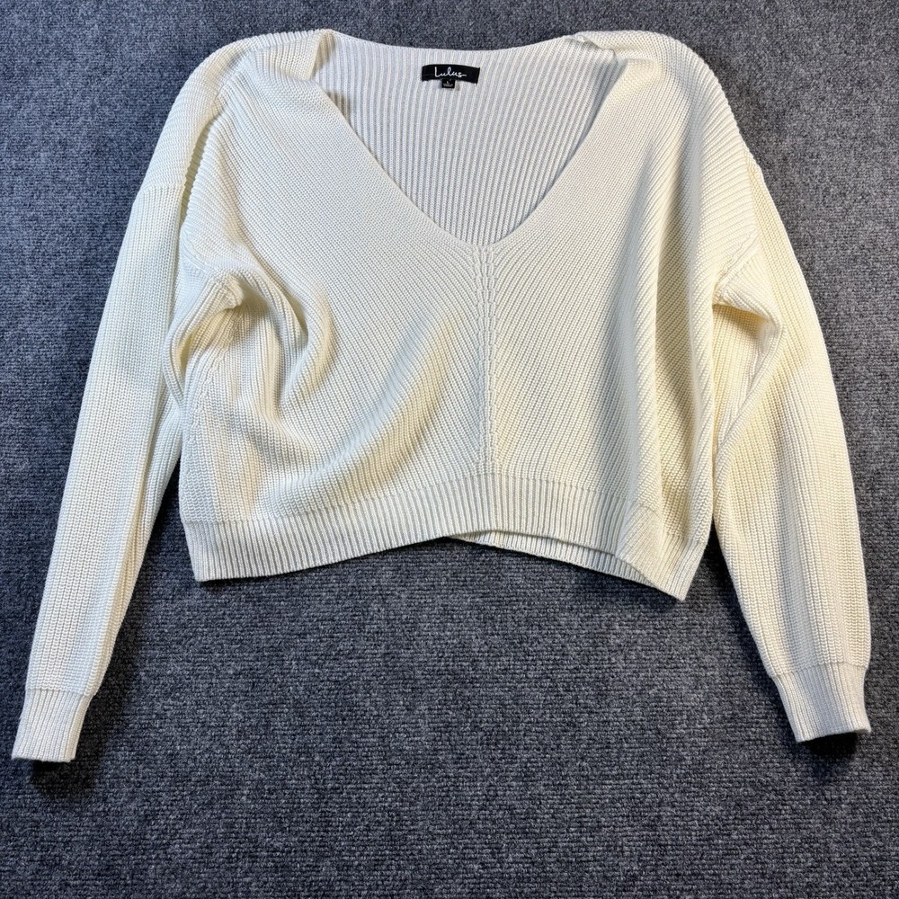 Lulus V-Neck Sweater Women Size L Cream White Ribbed Knit Cropped Cotton Blend